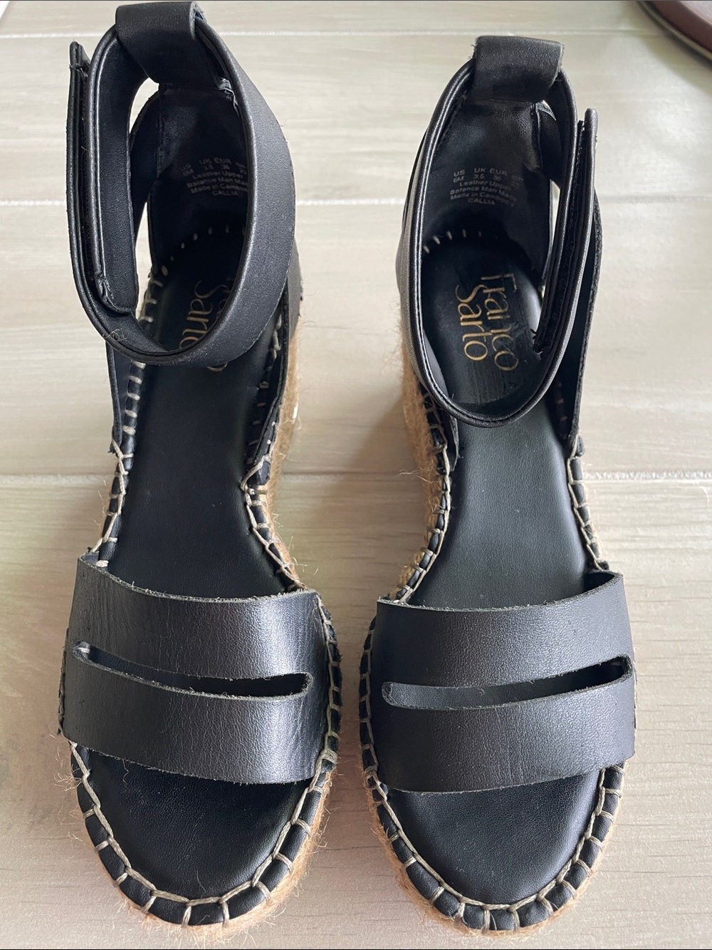 Franco Sarto Black Leather Espadrille Wedge Sandals with Ankle Strap
